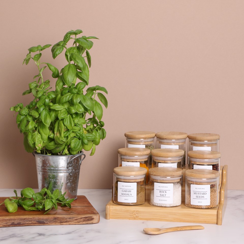 The mum-of-two’s home storage company now turns over £8k per month. Pictured, spice jars with bamboo lids start from £4