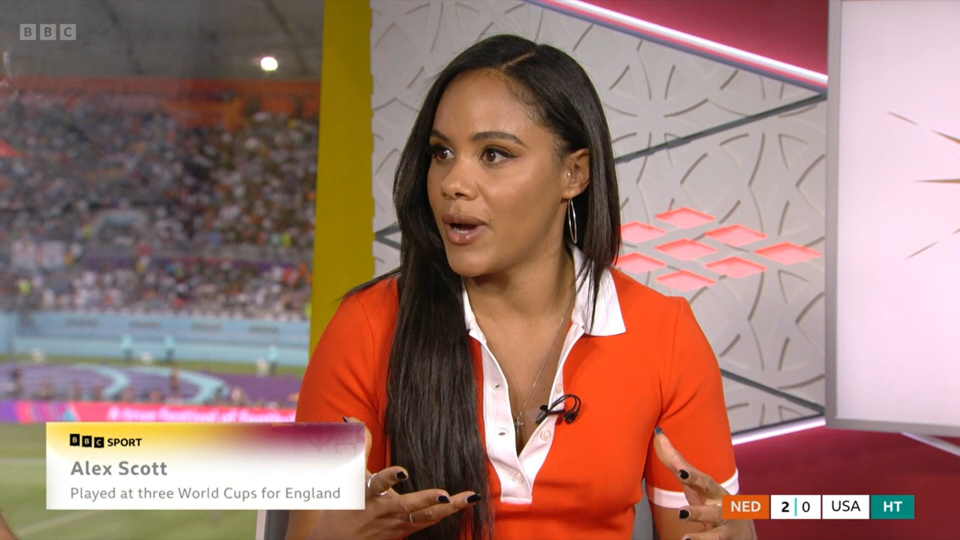 Alex Scott wore an orange outfit very similar to a traditional Dutch national strip