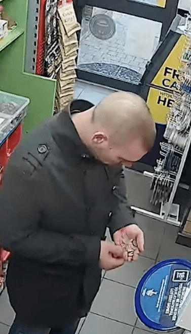 The killer can be seen with blood on his hands after the attack as he buys tobacco from the store on CCTV