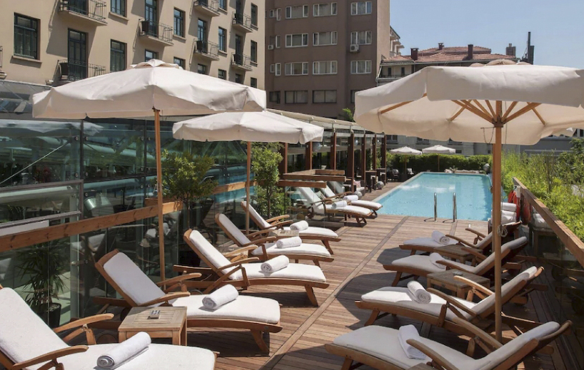 The stunning five-star hotel also boasts it own pool and sun lounge area