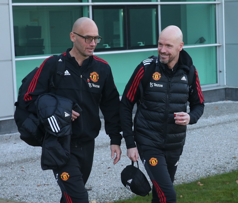 Assistant manager Mitchell van der Gaag leave Carrington ahead of their flight