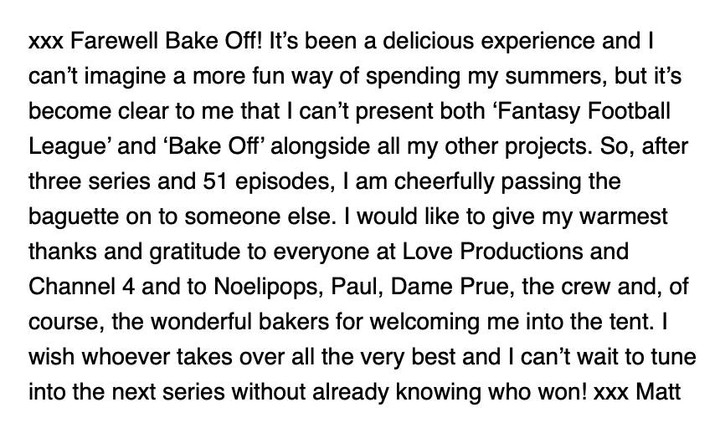 He said goodbye to Bake Off in a message saying he was 'passing on the baguette'