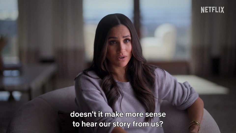 The trailer ends with Markle saying: 'When the stakes are this high, doesn't it make sense to hear our story from us?'