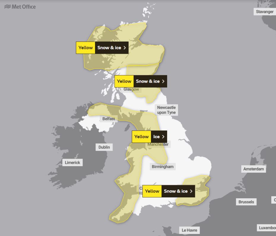 There are four warnings in place on Sunday - including a warning of snow in London