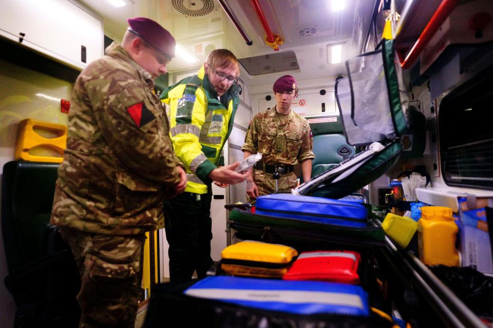 Military personnel from the Household Division take part in ambulance driver training at Wellington Barracks in London, as they prepare to provide cover for ambulance workers on December 21