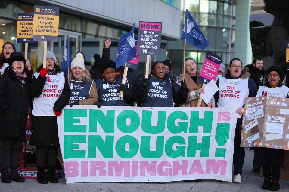 Nurses on strike this morning at the picket line at Queen Elizabeth Hospital Birmingham