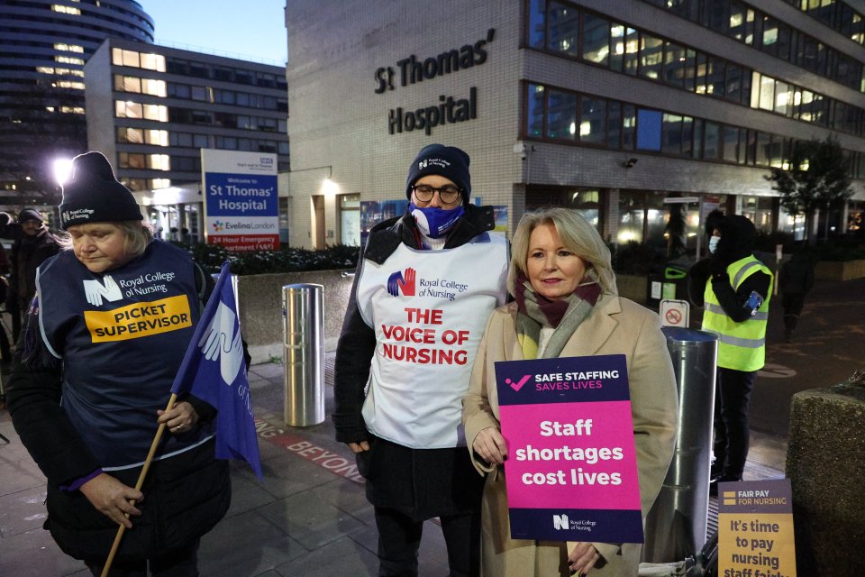 Pat Cullen leader of the Royal College of Nursing Union joins nurses on the picket line on the first day of strike action at St Thomas’ Hospital, London today