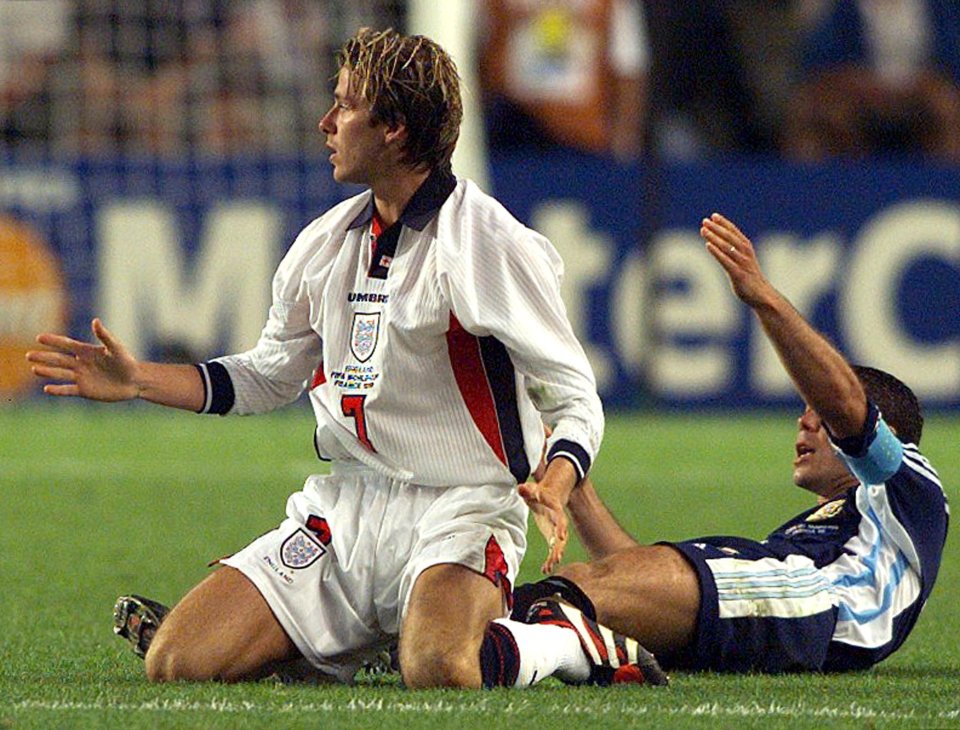 David Beckham kicked out at Diego Simeone and was sent for an early bath at the 1998 World Cup