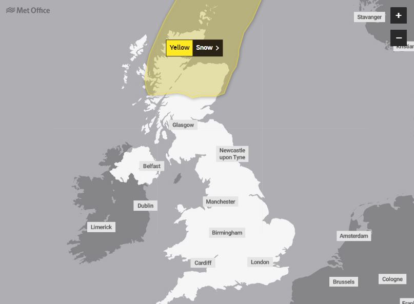 A yellow weather warning for snow has been put in place by the Met Office