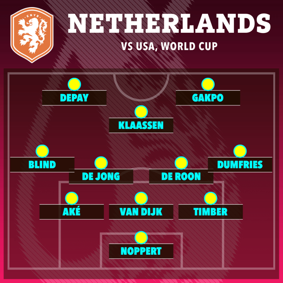 The Netherlands team that will line up against USA in the World Cup round of 16 game.