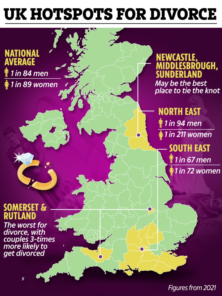 A map of Britain shows the areas that record the highest divorce rates