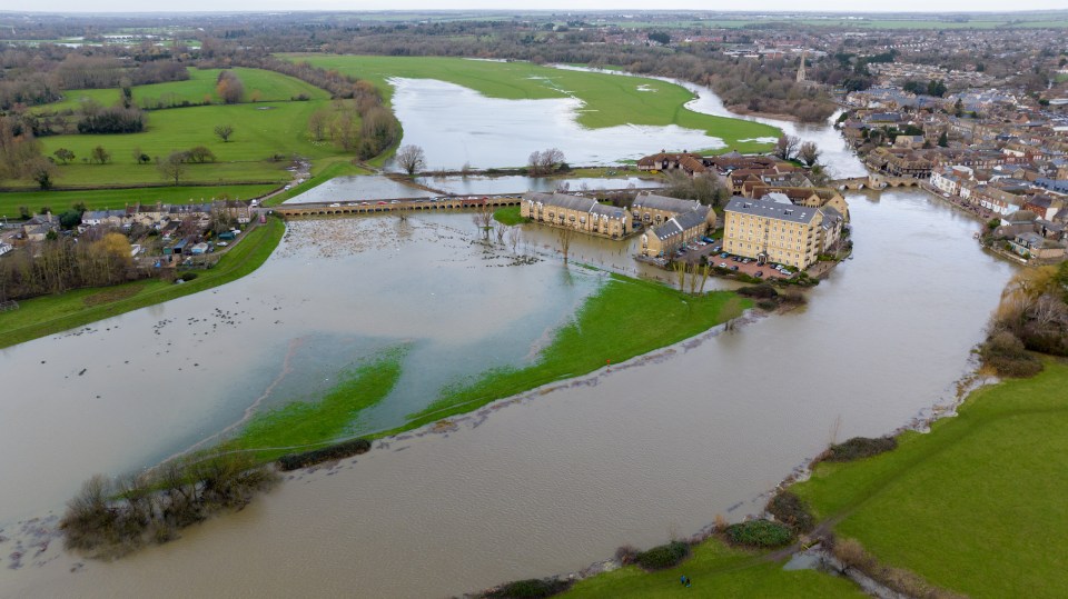 The town of St Ives in Cambridgeshire was surrounded by flood water after the River Great Ouse burst its banks