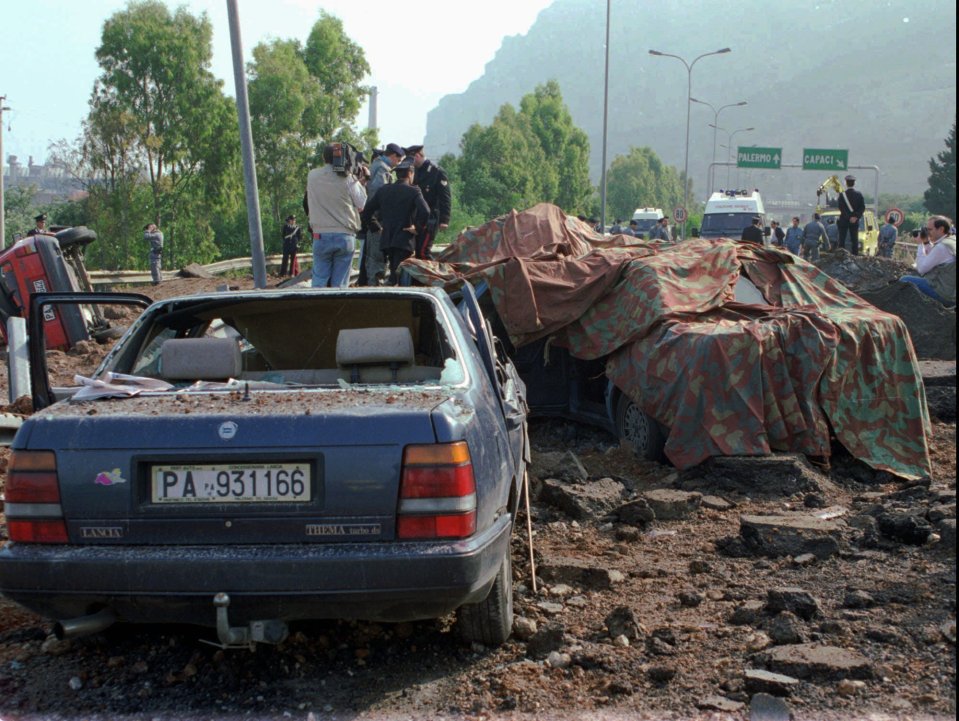 The aftermath after a car bomb exploded in Palermo in 1992