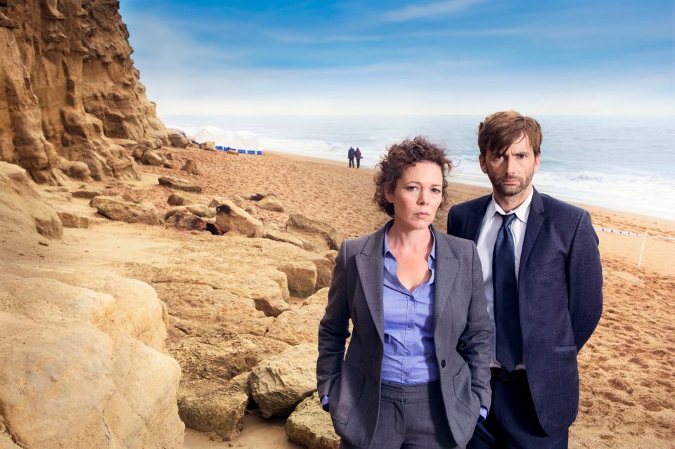 David Tennant and Olivia Colman in their roles as Detective Inspector Alec Hardy and Detective Sergeant Ellie Miller in Broadchurch, set at West Bay, Dorset