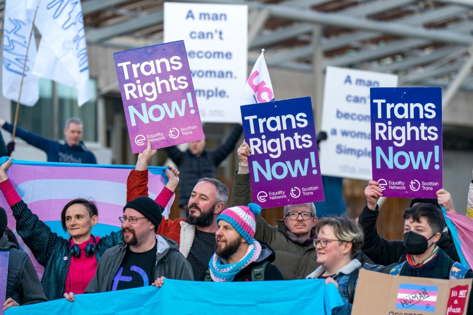 Trans rights activists protesting outside the Scottish Parliament in Edinburgh