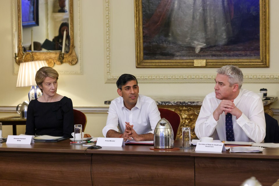 Rishi Sunak has urged health chiefs to be bold and radical to fix the current NHS crisis, pictured alongside Amanda Pritchard and Steve Barclay