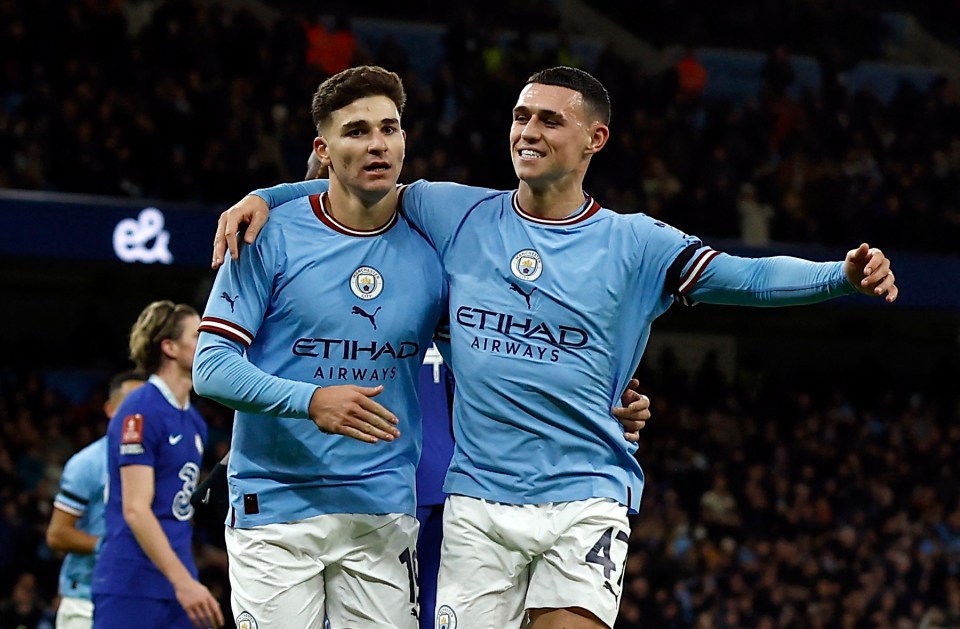 Alvarez is congratulated by Phil Foden