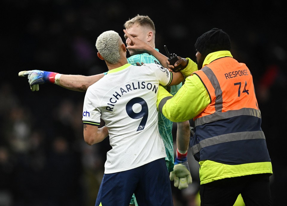 Richarlison pushed Ramsdale in the face before he was KICKED by a fan.