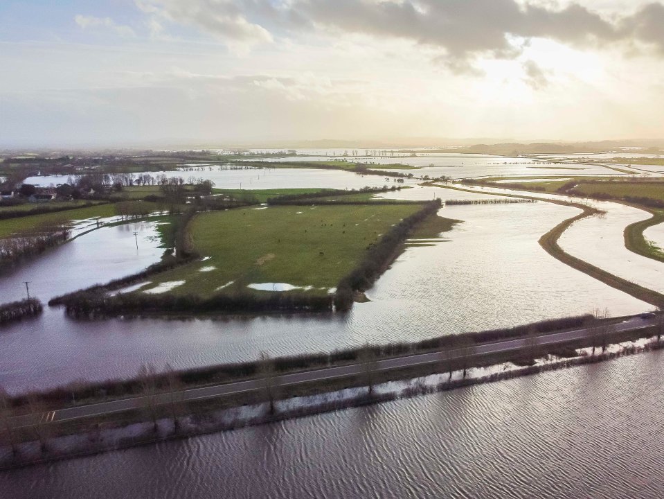 View from the air of flooded fields on the Somerset Levels