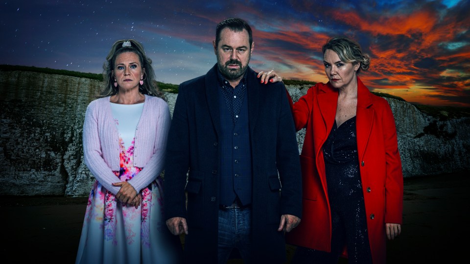 Kellie Bright with Danny Dyer and Charlie Brooks in EastEnders Christmas day episode promotion