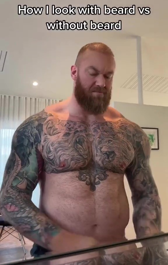 Hafthor Bjornsson shared a video of him donning his usual beard