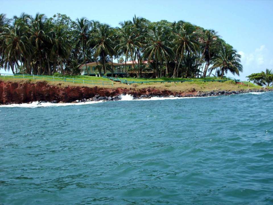 Pictured from a boat, the island offers plenty of shelter for picturesque palm trees