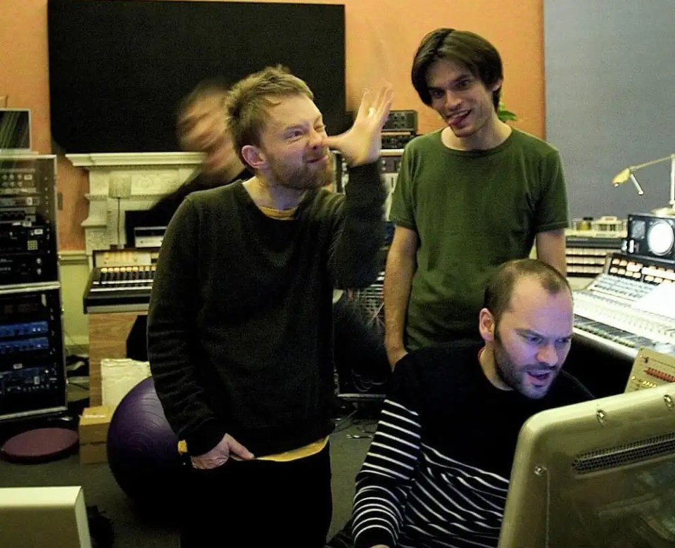 Thom York and Jonny Greenwood of Radiohead are pictured larking around