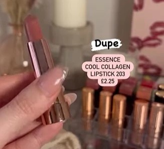 She also recommended the Essence Cool Collagen lipstick as a dupe for the viral Pillow Talk lipstick