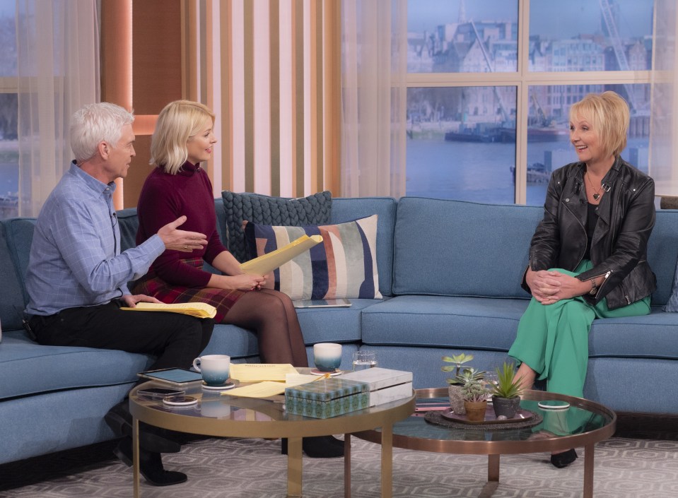 Sue with Phillip Schofield and Holly Willoughby whilst appearing on This Morning