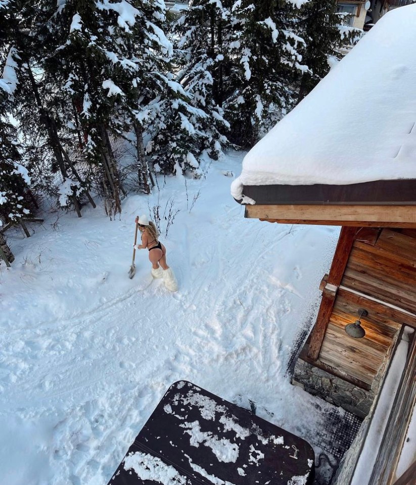 She showed off the thong bikini in the snow with an aerial shot