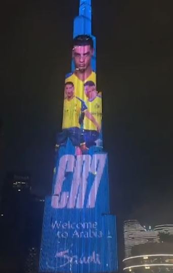 A welcome message for Cristiano Ronaldo was beamed onto the Burj Khalifa