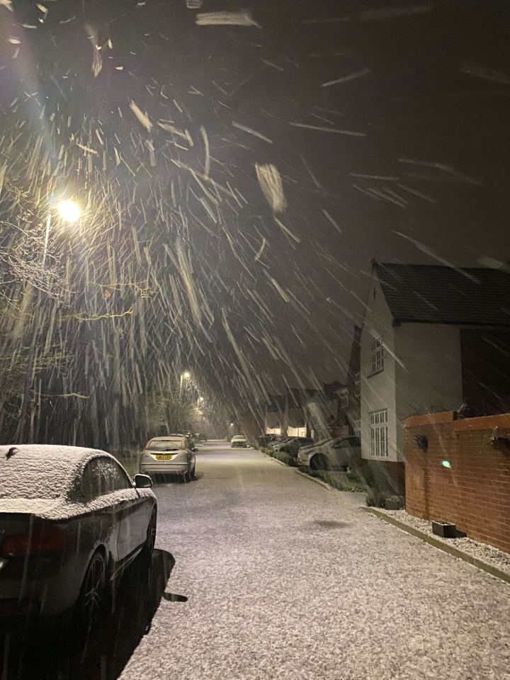 The white stuff was also falling in Grays, Essex, this morning