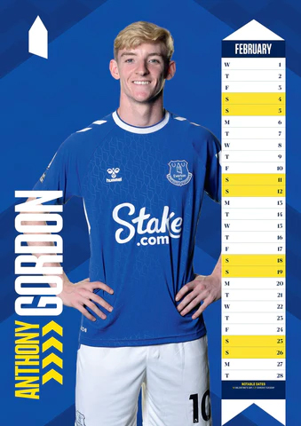 Gordon appears on Everton's official calendar for February