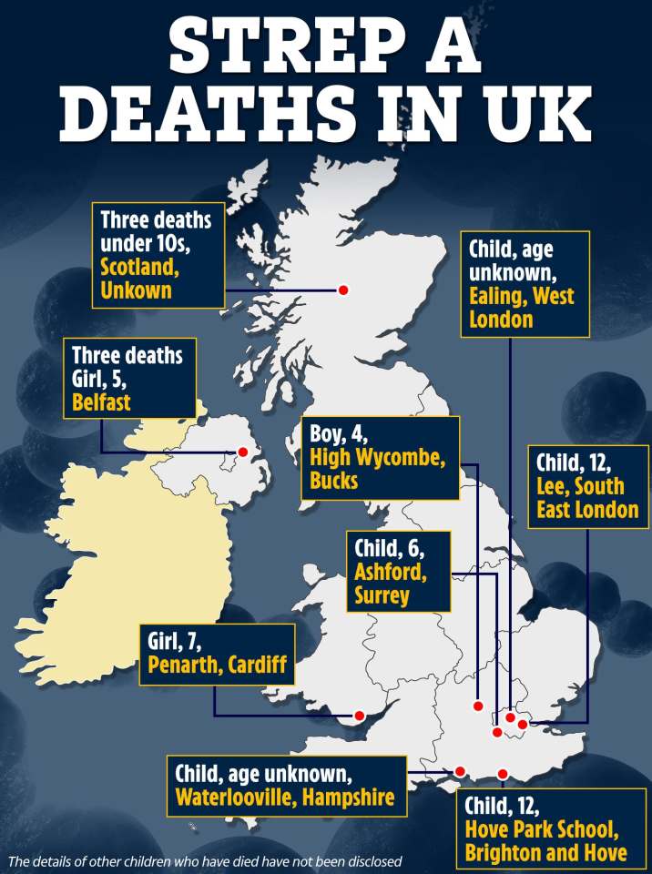 The map above shows where some children have died from Strep A. The details of all deaths have not yet been provided by the families