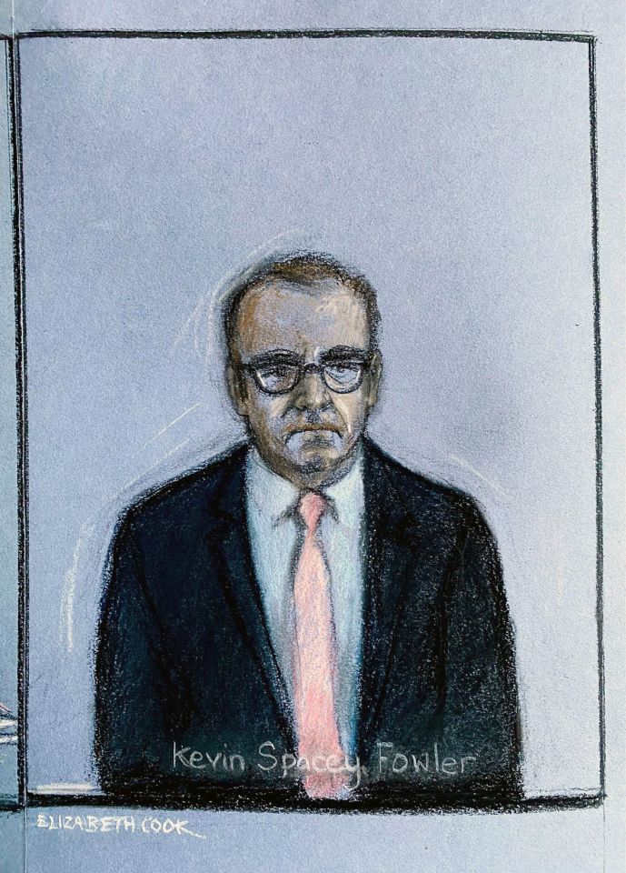 A court artist sketch by Elizabeth Cook at Southwark Crown Court, where the actor appeared via video link