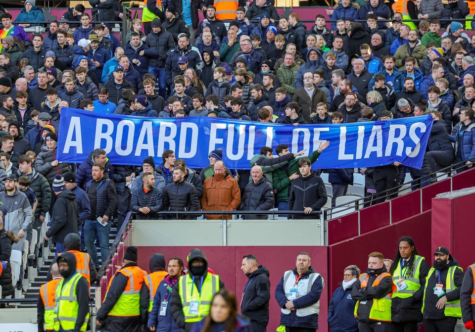 Everton fans vent their fury in the away end at West Ham