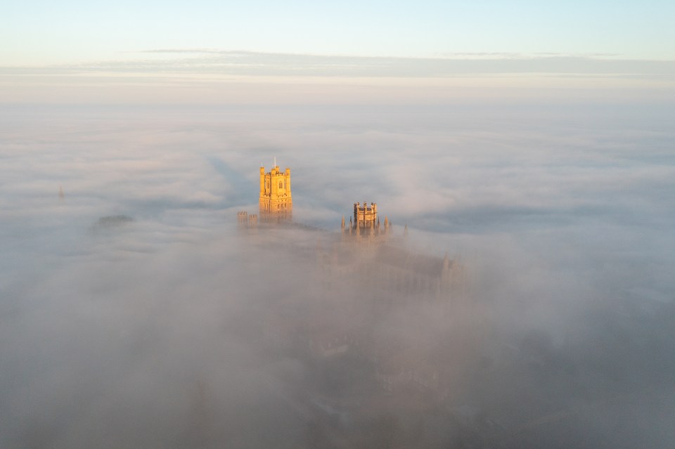 Ely Cathedral in Cambridgeshire covered by fog