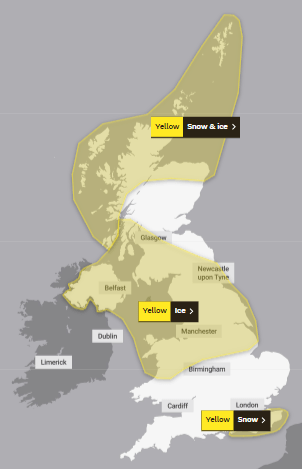 Yellow snow and ice warnings are in place throughout the country until Wednesday