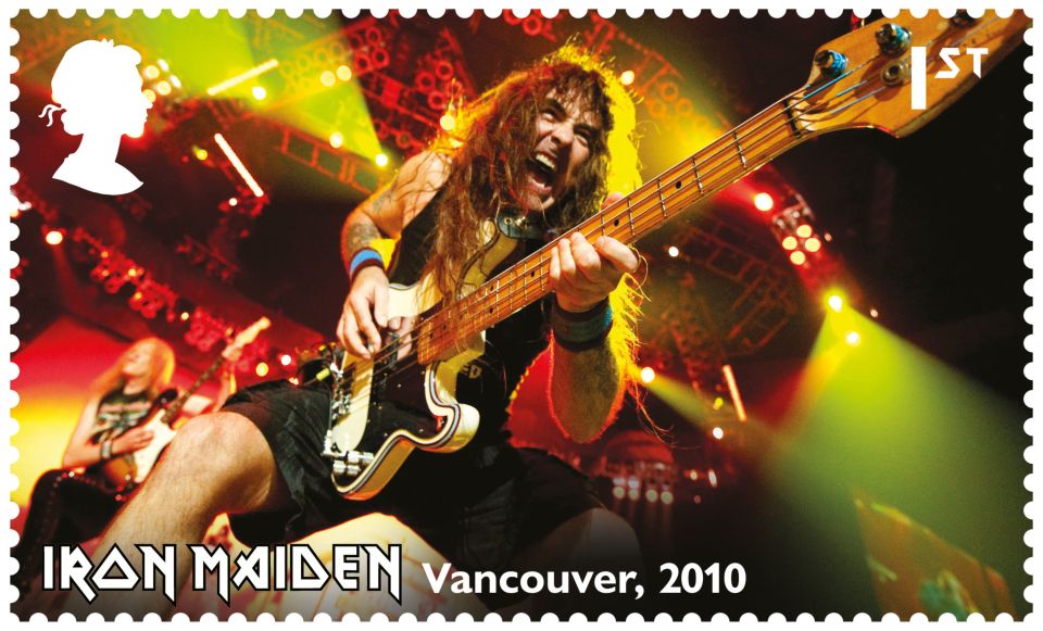 Eight stamps feature band members, including bassist Steve Harris