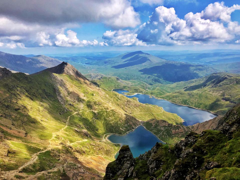 View eastwards from the peak of Snowdon over Glaslyn and Llyn Llydaw, Snowdonia National Park