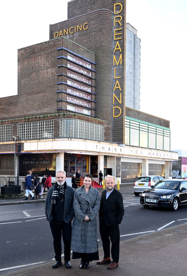 Sam Mendes, Olivia Colman and Toby Jones following a special screening of “Empire of Light” at Dreamland, Margate