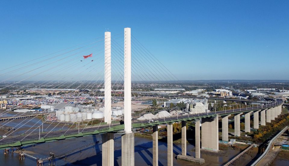 Just Stop Oil protesters on the Queen Elizabeth II Bridge closed to traffic