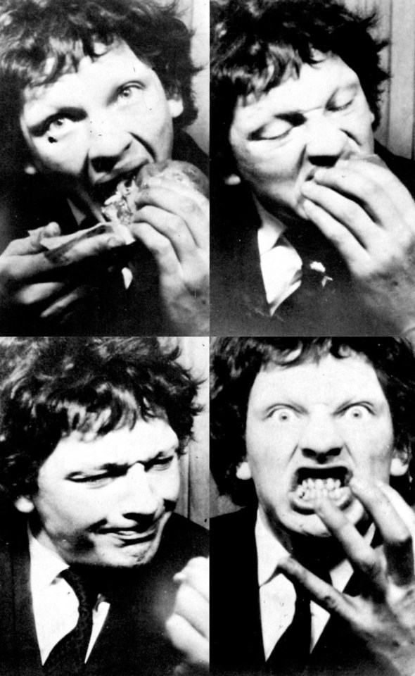 MacKay looking manic eating chicken in a photo booth