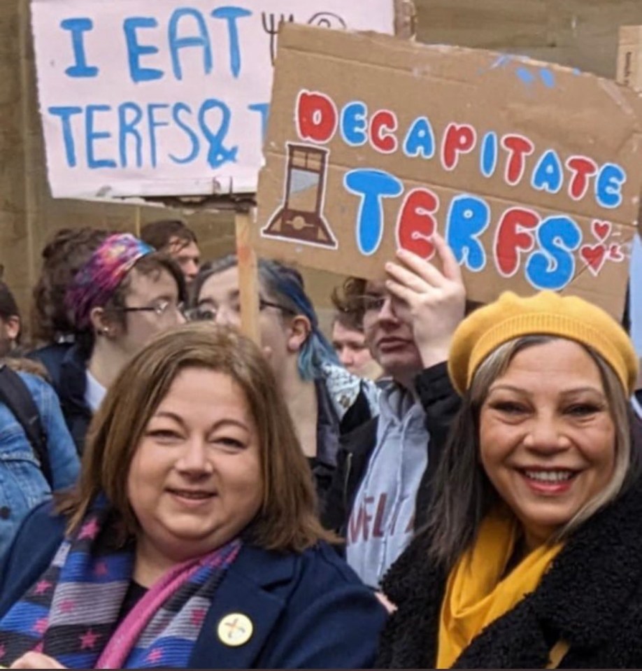 SNP politicians were pictured next to demonstrators holding 'Decapitate TERFS' banners