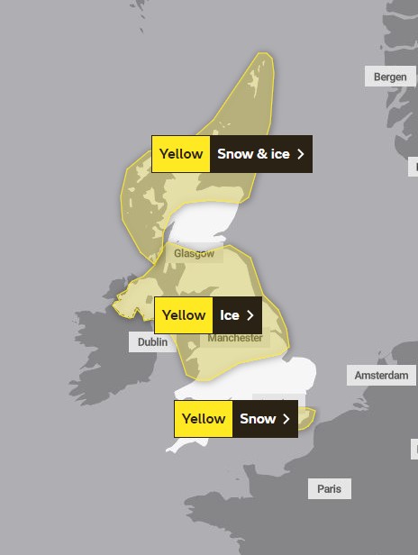 Yellow warnings have been placed across much of the country, with travel chaos expected