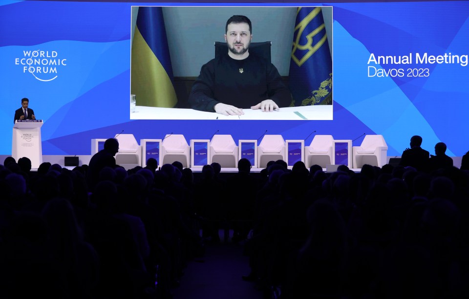 Volodymyr Zelensky speaking during the World Economic Forum in Davos