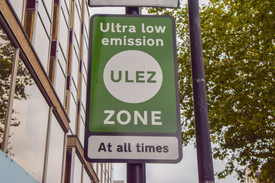 London, UK – October 19 2021: ULEZ, Ultra Low Emission Zone, street sign in Central London.