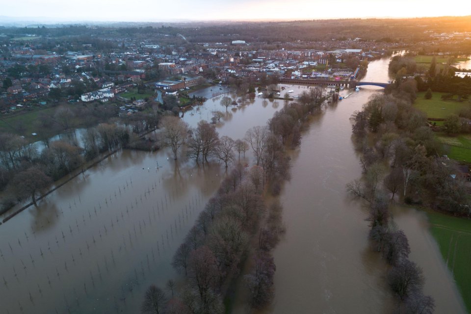 Flood warning are also in place as water levels rise. Pictured this morning in Worcestershire.