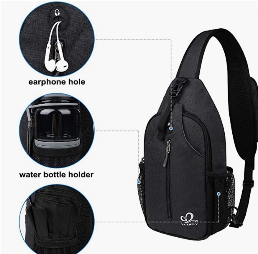 The bag has both an earphone hole and two water bottle holders