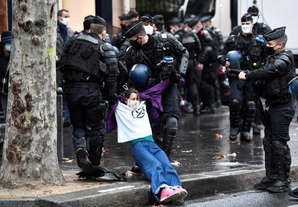 An activist being detained during a protest in Paris